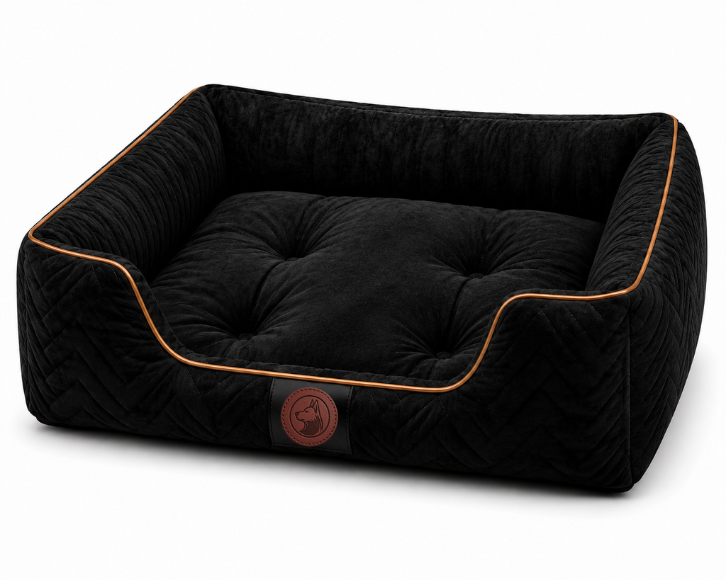 Luxury Orthopedic Velvet Dog Bed with Quilted Bolster Support – Black
