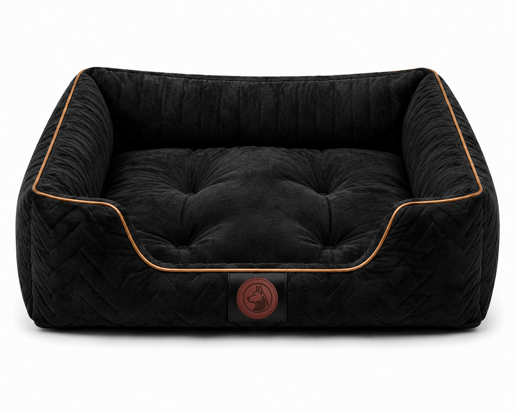 Luxury Orthopedic Velvet Dog Bed with Quilted Bolster Support – Black