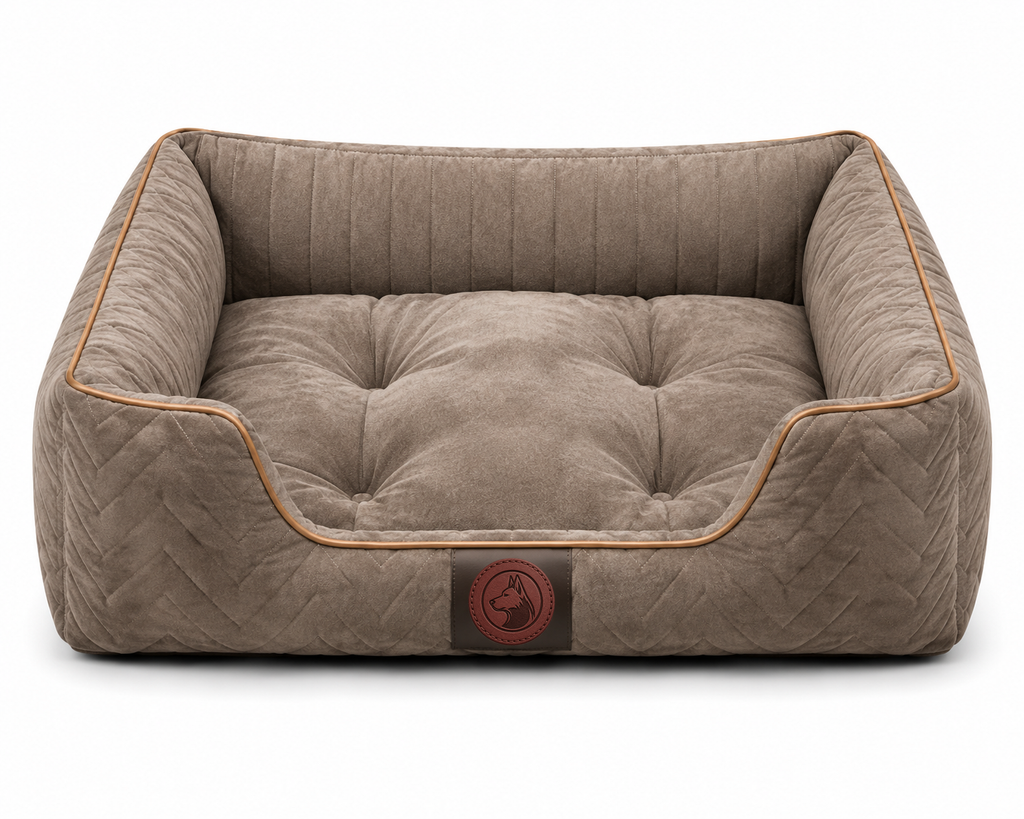 Luxury Orthopedic Plush Dog Bed with Quilted Bolster Support – Taupe Brown