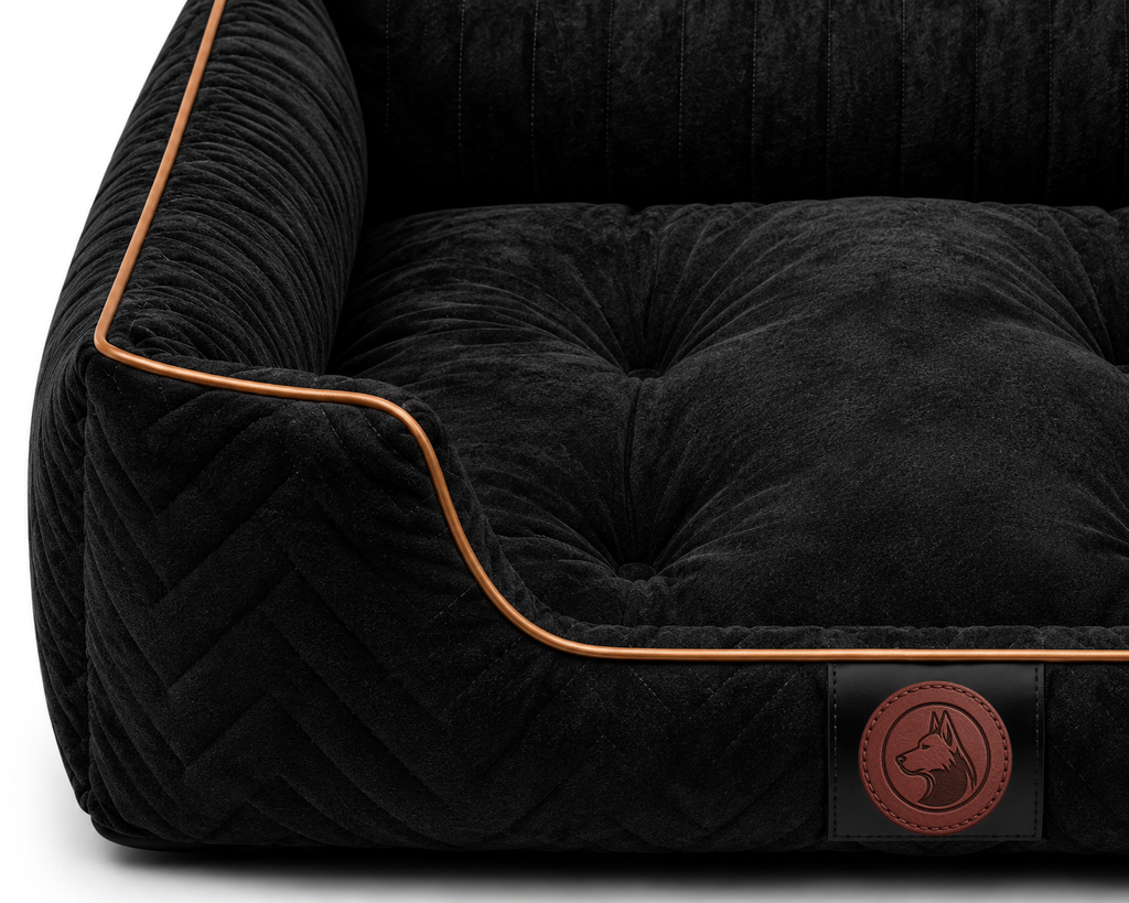 Luxury Orthopedic Velvet Dog Bed with Quilted Bolster Support – Black