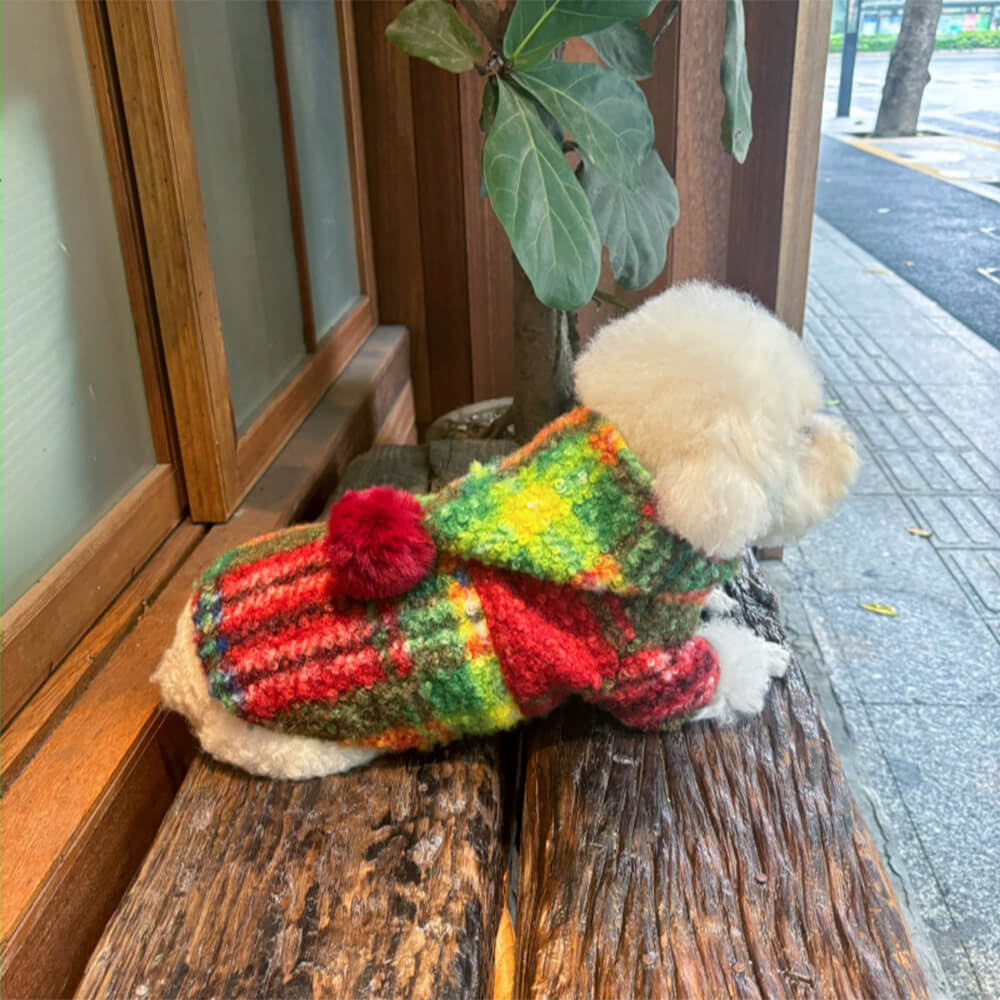 Christmas Plaid Woolen Warm Pom Pom Hooded Dog Coat