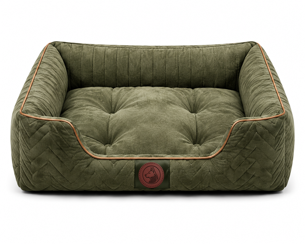 Luxury Orthopedic Plush Dog Bed with Quilted Bolster Support – Olive Green