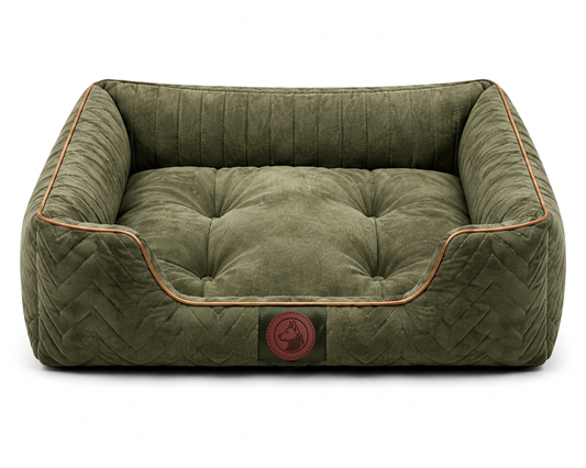 Orthopedic Plush Dog Bed with Quilted Bolster Support – Olive Green