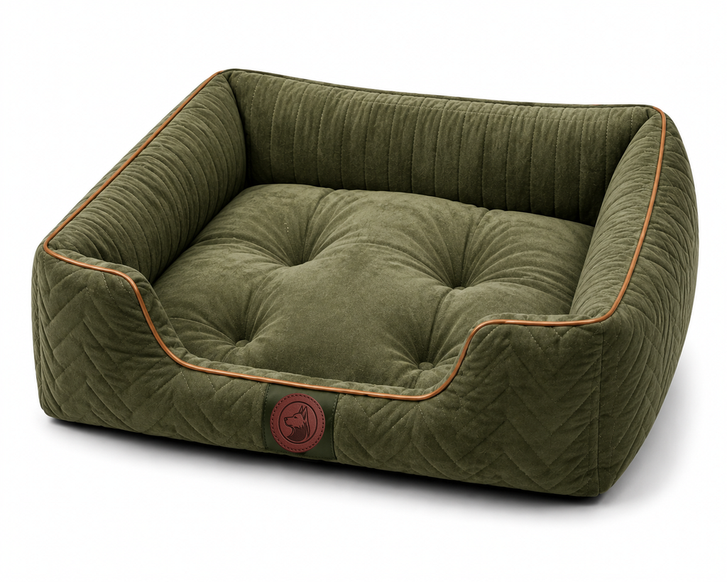 Luxury Orthopedic Plush Dog Bed with Quilted Bolster Support – Olive Green